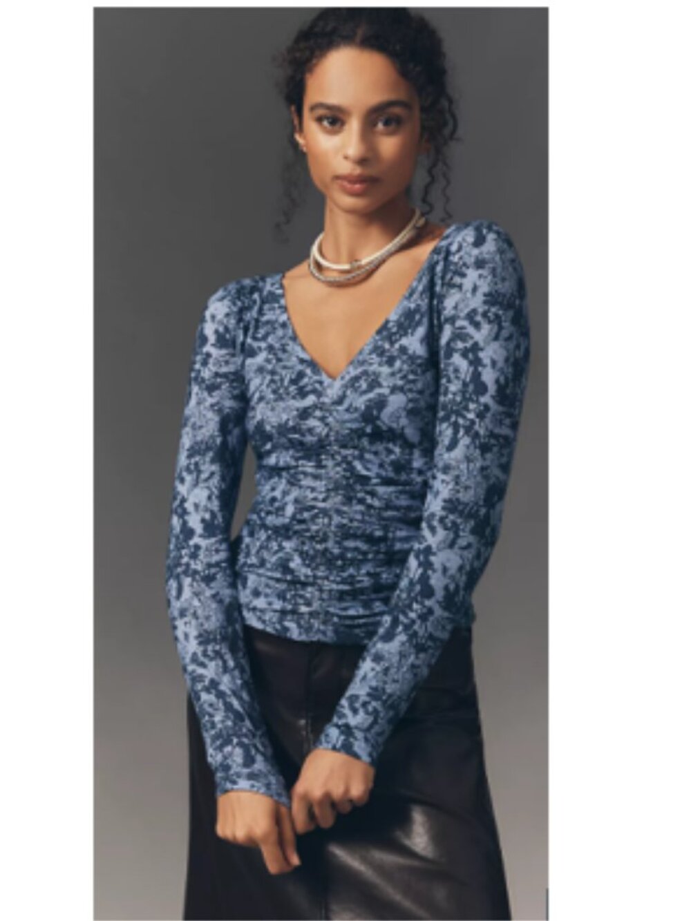 Pilcro Long-Sleeve Cinched V-Neck Top in Blue Floral – Size Small - NWT
